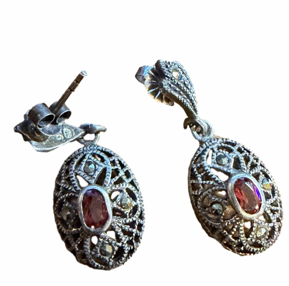 925 Sterling Silver Garnet Marcasite Oval Filigree Dangle Earrings